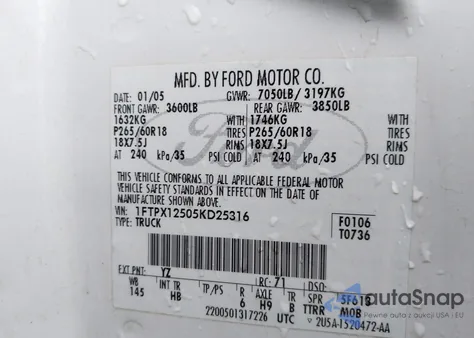 2005 Ford F-150 Lariat/Xl/Xlt from USA, damaged, VIN 1FTPX12505KD25316